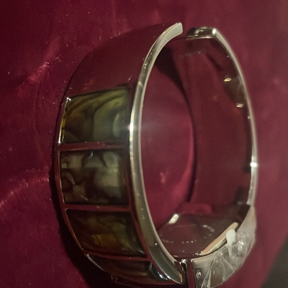 Silver Tone Quartz Watch Rectangular Green Bangle… - image 6